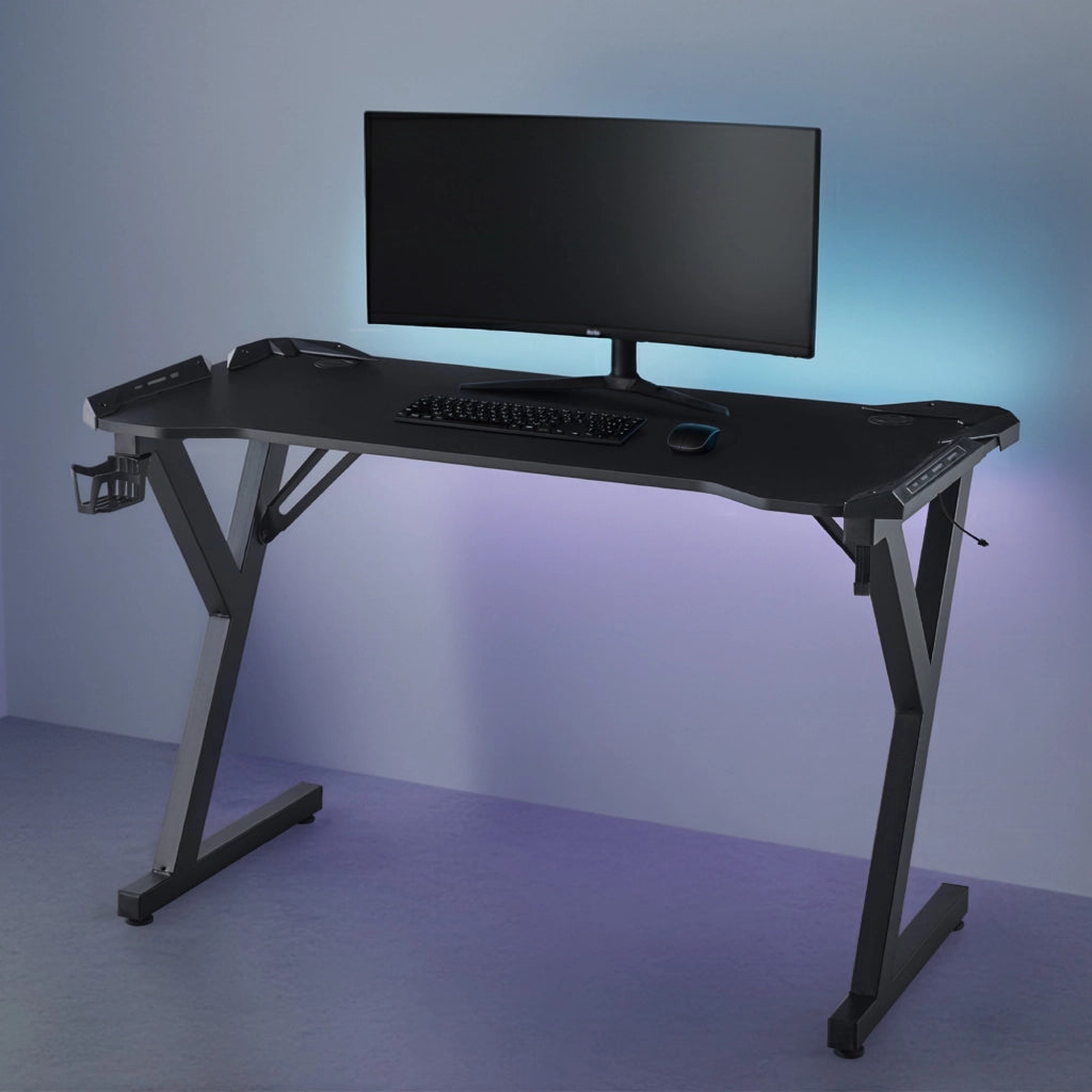 Scrivania Gaming RGB 120x60 cm con Porta Bicchiere e Gancio Cuffie, Tavolo Gamer Nero Design Ergonomico, Desk PC per Gaming e Smart Working