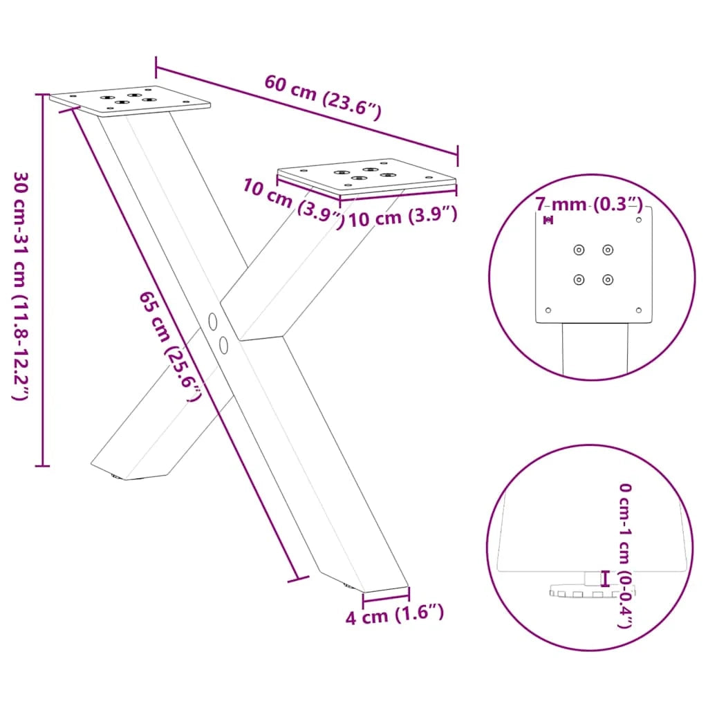 Set di 2 gambe robuste per tavolino da caffè a forma di X 60 x 30 cm con piedini regolabili acciaio bianco 02_0057156