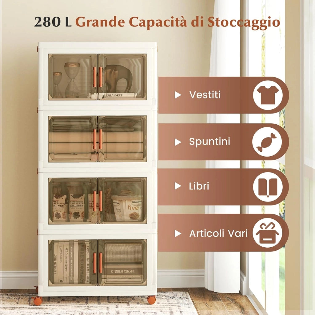 Contenitori Pieghevoli con Coperchio, Set da 4/3 Scatole di Plastica Impilabili con Ruote, per Organizzatore di Armadio con Porte a Apertura Frontale, Multiuso (68,5 x 37,5 x 140 cm)