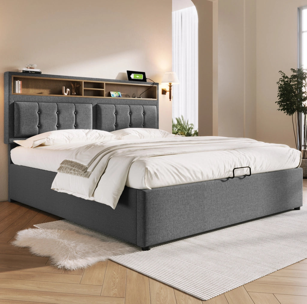 Letto imbottito 140x200 con testiera regolabile; USB Type-C e prese; contenitore; grigio