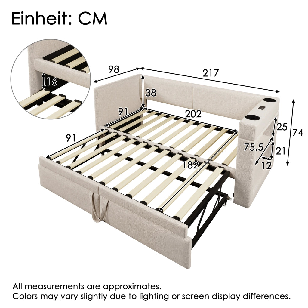 Letto a Divanetto 90x200 cm con Estraibile; USB; Type-C e Portabicchieri Beige