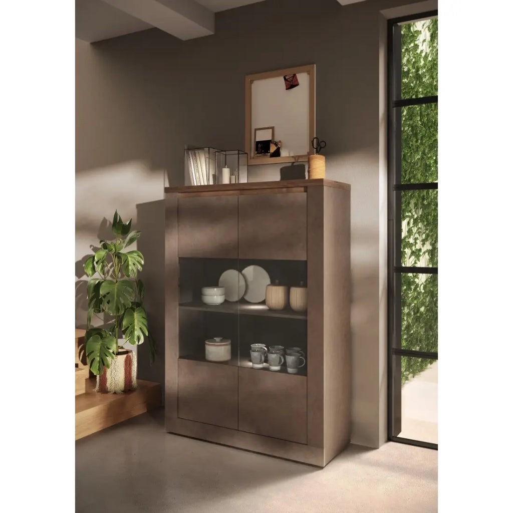 Vetrina SASHA – 2 porte con 3 ripiani e LED – Bronzo e piano in legno Mercurio