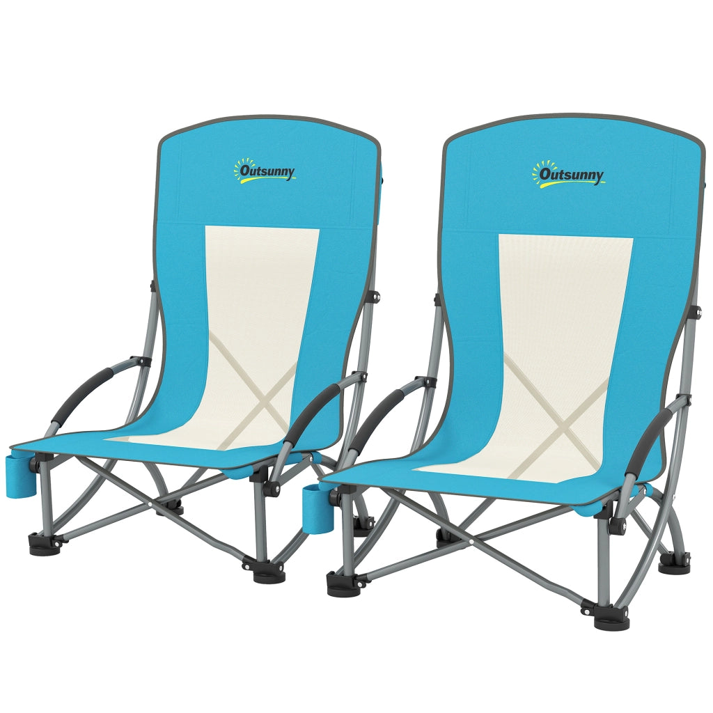 Set 2 Sedie da Spiaggia Pieghevoli con Braccioli con Portabicchieri e Borsa di Trasporto. Blu