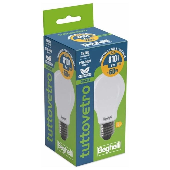 Beghelli 56520 TuttovetroLED Lampadina LED Goccia 7W E27 3000K 810 lm Luce Calda 15000h colore Opale