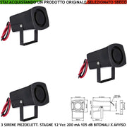 Segnalazione Anomalia Sirena Piezoelettrica Stagna 3 Pezzi 12 Vcc Assorbimento 200 mA Pressione Acustica 105 dB a 1 Metro Frequenza 1500/4000 Hz Allarme Auto Moto Retromarcia Furto Staffa di Fissaggio