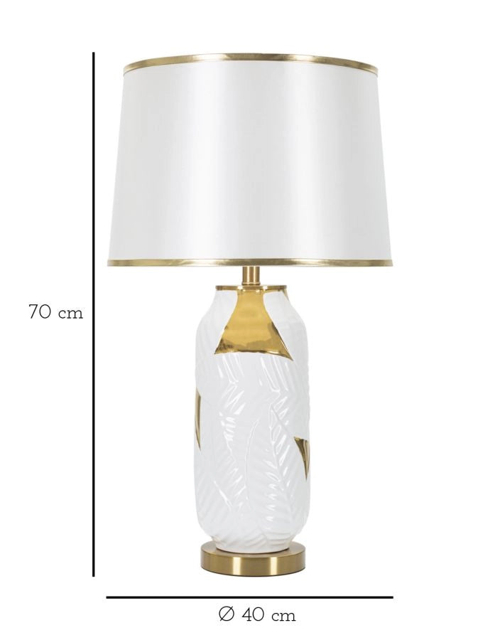 Lampada da Tavolo Ceramic Ø40x70 cm in Ceramica e Ferro e Tessuto Oro e Bianco