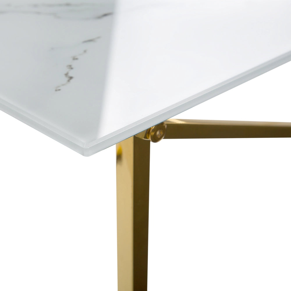Tavolino Rettangolare Effetto Marmo Piano Bianco Gambe dorato Piano Vetro Temperato Base Acciaio Inox 100 x 50 cm Glam Minimalista