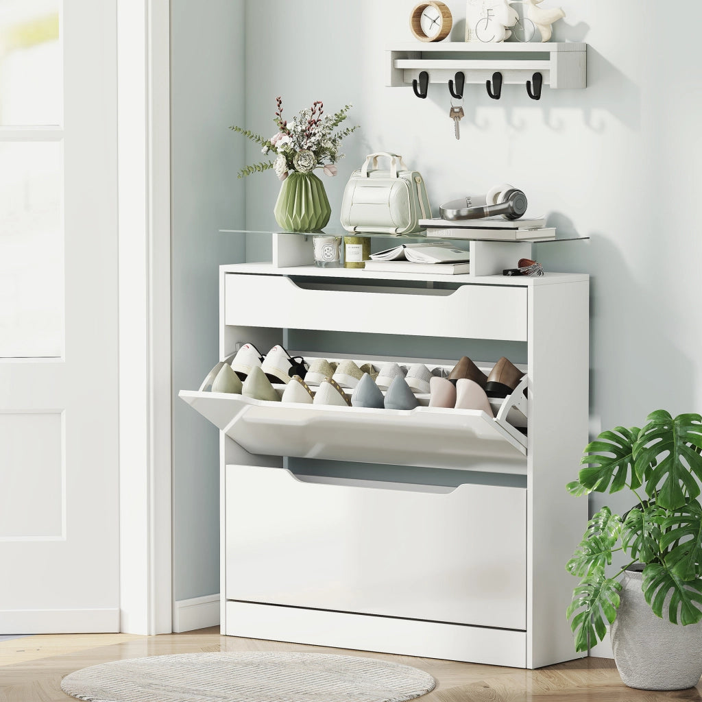 Scarpiera con Ante a Ribalta e Cassetto, Ripiani Regolabili, Porta Scarpe per 16 Paia ¨C Minimal ¨C Bianco Lucido, 89x23x96cm