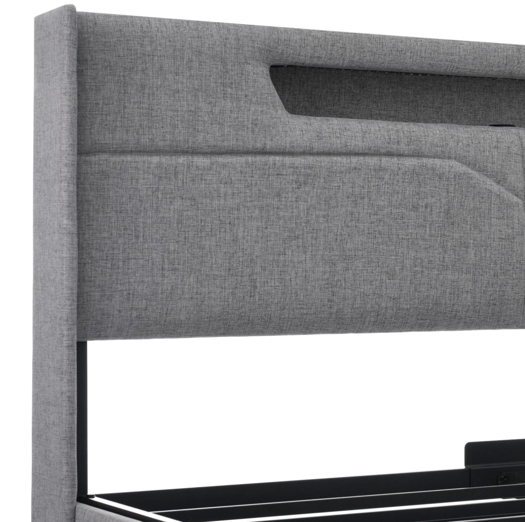 Letto imbottito 140x200 grigio con LED, USB-C e vano contenitore