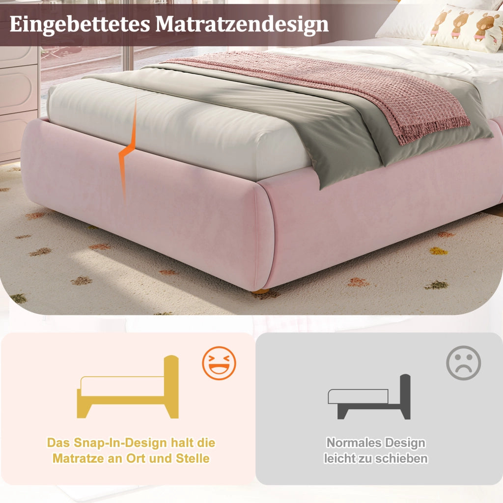 OKWISH Letto contenitore 90×200 cm, Letto Singolo con Contenitore, Testiera Imbottita e Rete a Doghe, senza Materasso, Velluto, Rosa