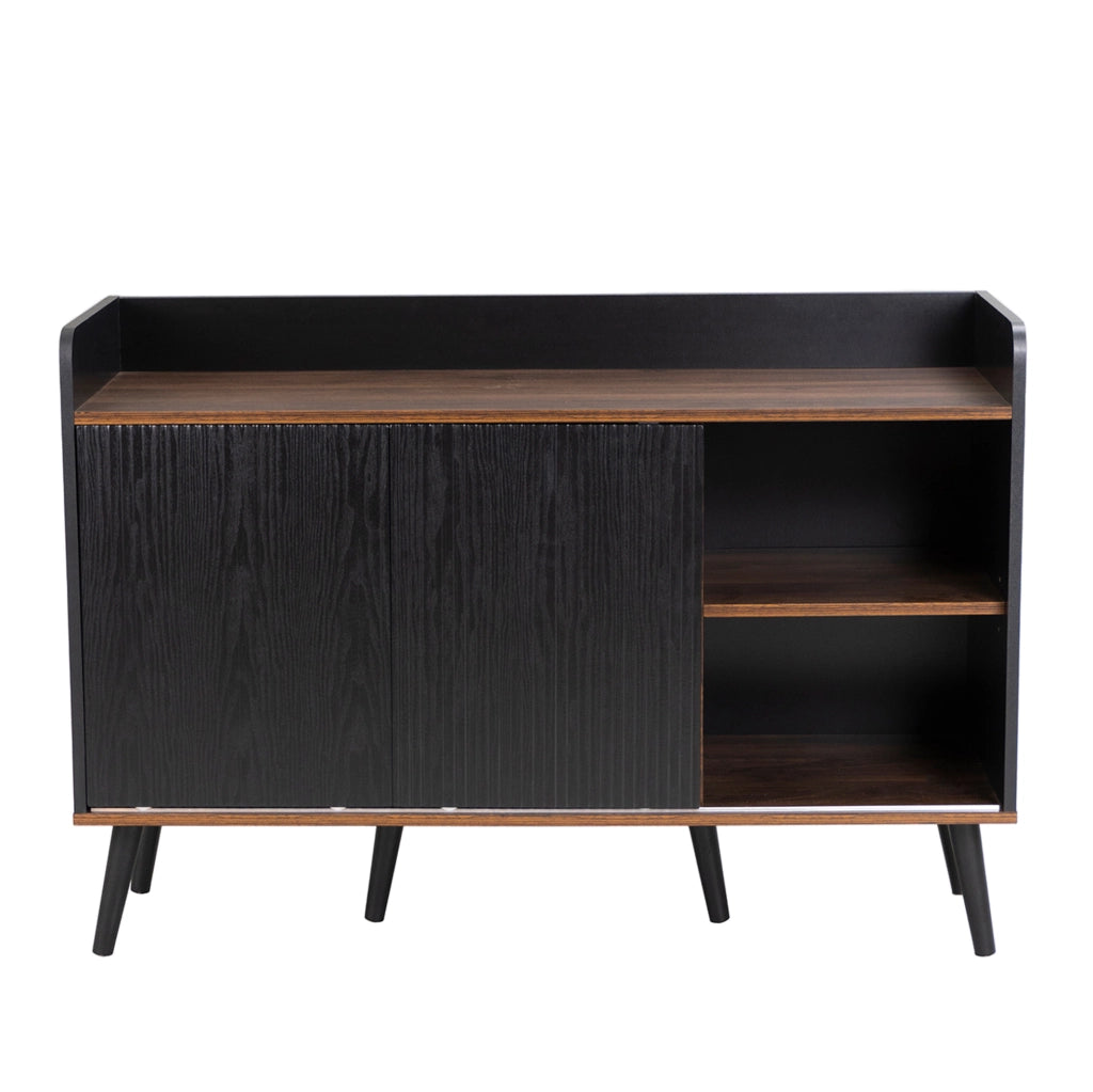 Credenza moderna nera e legno con ante scorrevoli e 3 cassetti
