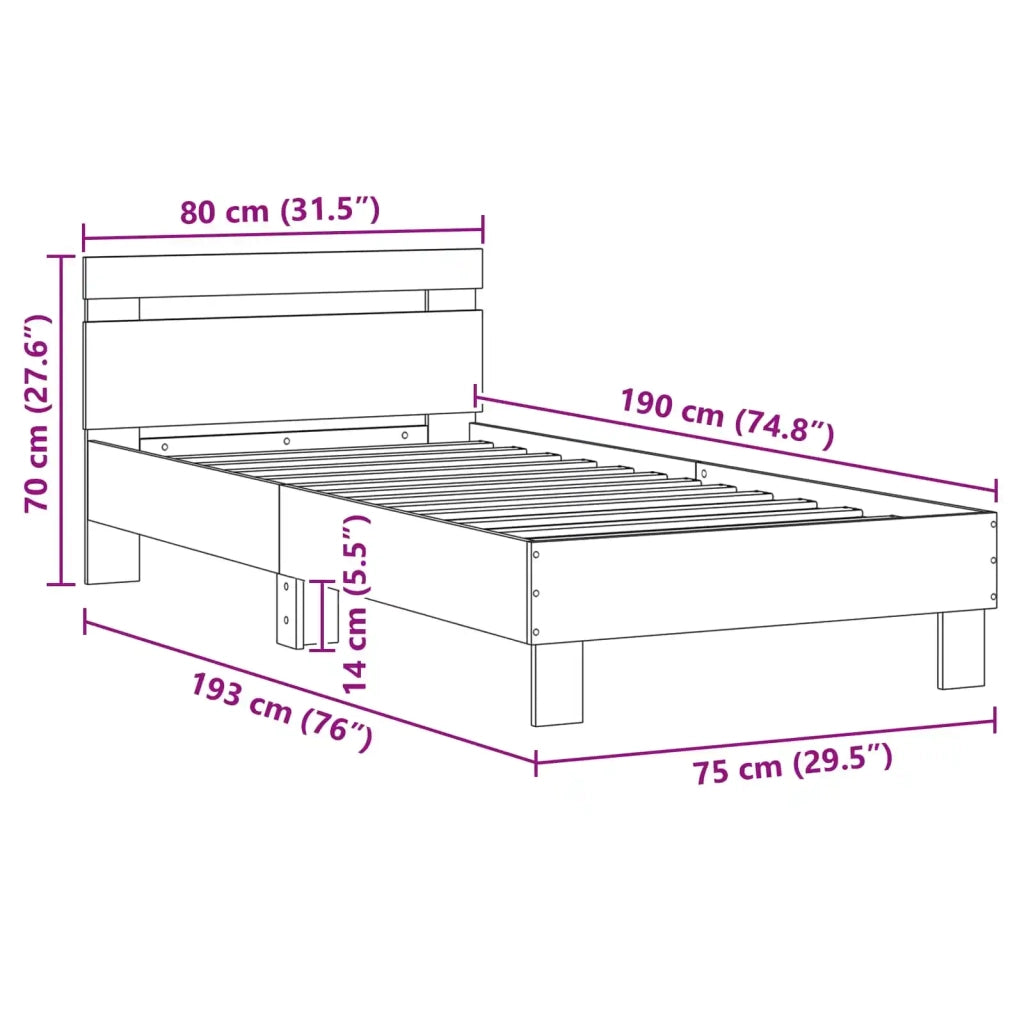 Struttura del letto con led Rovere artigianale 75 x 190 cm 863816