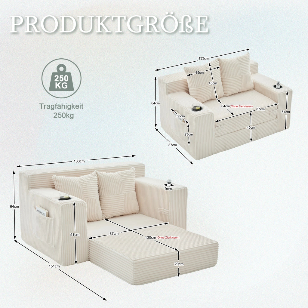 Divano pouf in velluto a coste con 2 cuscini e tasche laterali; 151x133x64 cm; beige