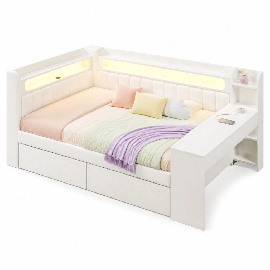 Letto daybed 140x200 cm con LED; porte USB; scrivania integrata e 2 cassetti; bianco