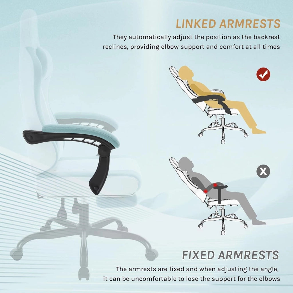 Sedia Gaming con Massaggio, Poltrona Ufficio Ergonomica, Ampia Sedia Girevole Imbottita per Computer con Cuscino Lombare Massaggiante, Carico 150 Kg, Tessuto a rete Bianco+Blu