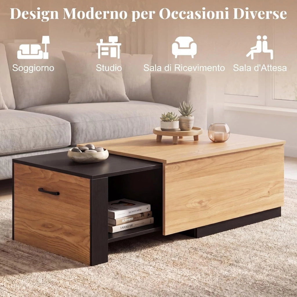 Tavolino da Caffè Allungabile, Tavolino da Soggiorno Salvaspazio con 2 Vani Portaoggetti e Piano Scorrevole, Tavolo Basso Rettangolare in Legno per Salotto e Ingresso, 118 x 60 x 37 cm