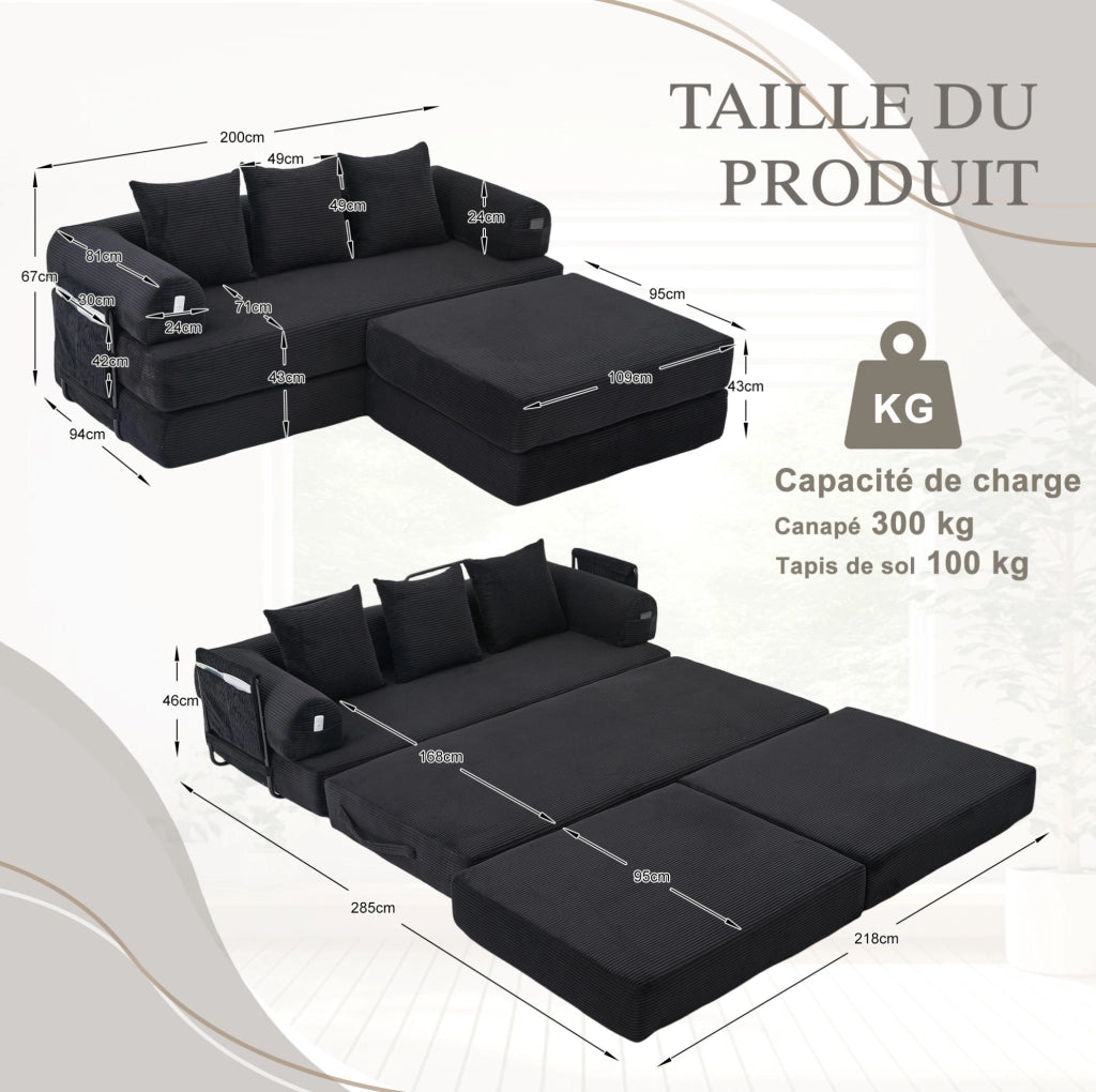 Divano modulare nero 200x190 cm in velluto a coste; con pouf e tasca laterale