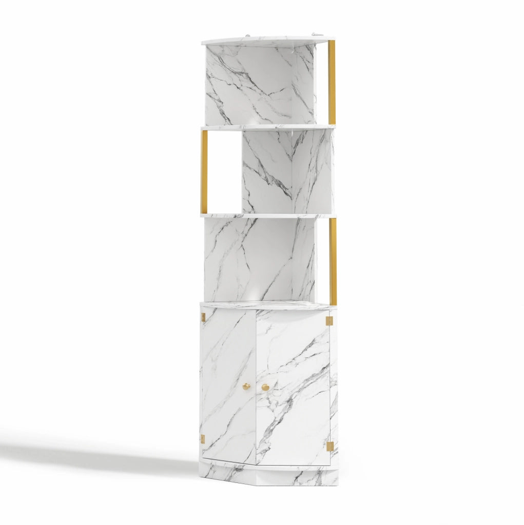 Mobile angolare alto con vani aperti e ante; 38 x 38 x 180 cm; in MDF bianco