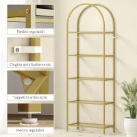Scaffale Portaoggetti ad Arco a 5 Ripiani in Acciaio e Vetro Temperato, 60x30x175 cm, Oro