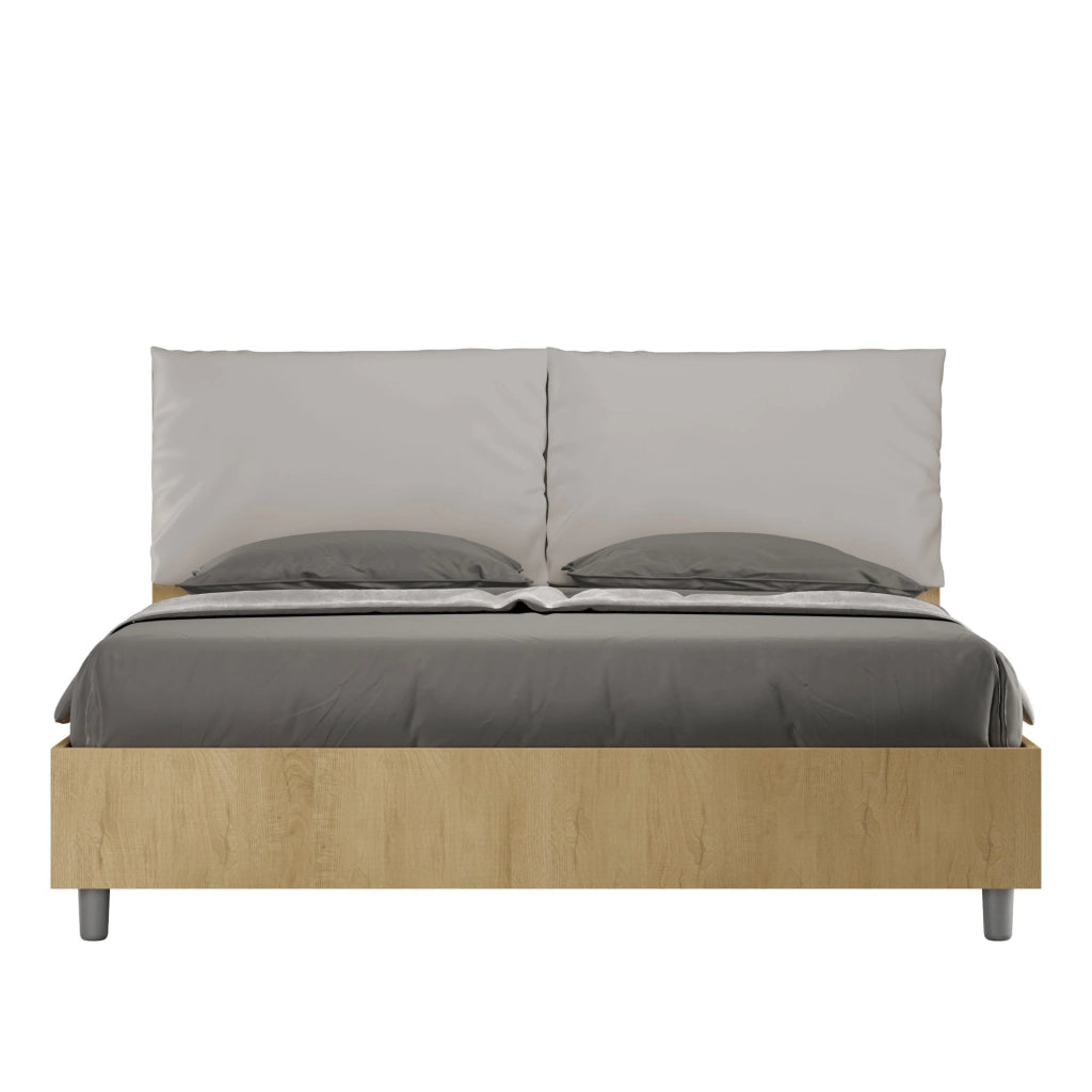 BS COM Letto matrimoniale con rete 160x190 Quercia cuscini similpelle tortora