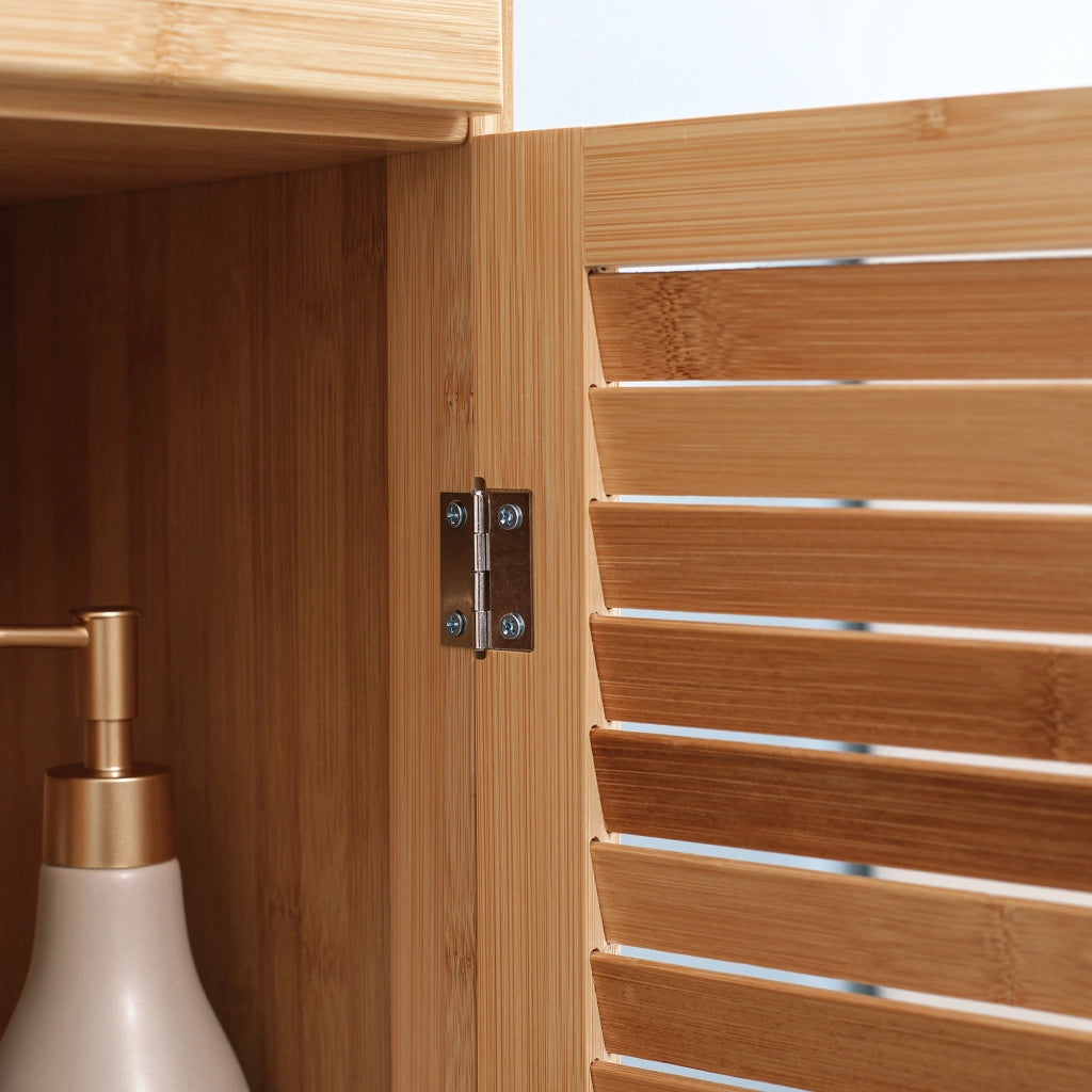 Mobile bagno in bambù con cassetto, tre ripiani aperti e vano chiuso, design slim 32 x 30 x 163 cm, colore legno naturale