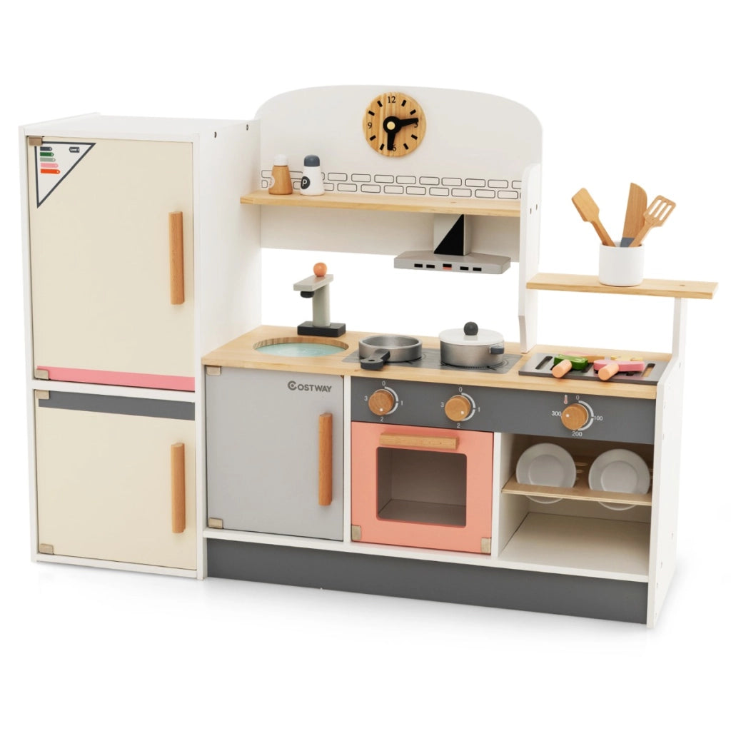 Cucina giocattolo per bambini 3 anni+ con frigorifero, Set da cucina in legno con lavandino e utensili da cucina-Cucine giocattoli