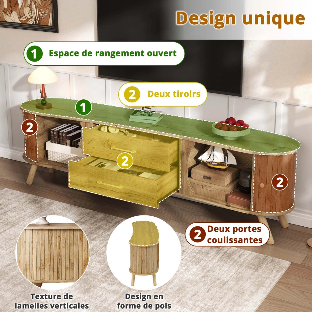 Mobile porta TV con 2 ante scorrevoli e 2 cassetti effetto scanalato verticale per soggiorno naturale 160 × 36,5 × 55 cm