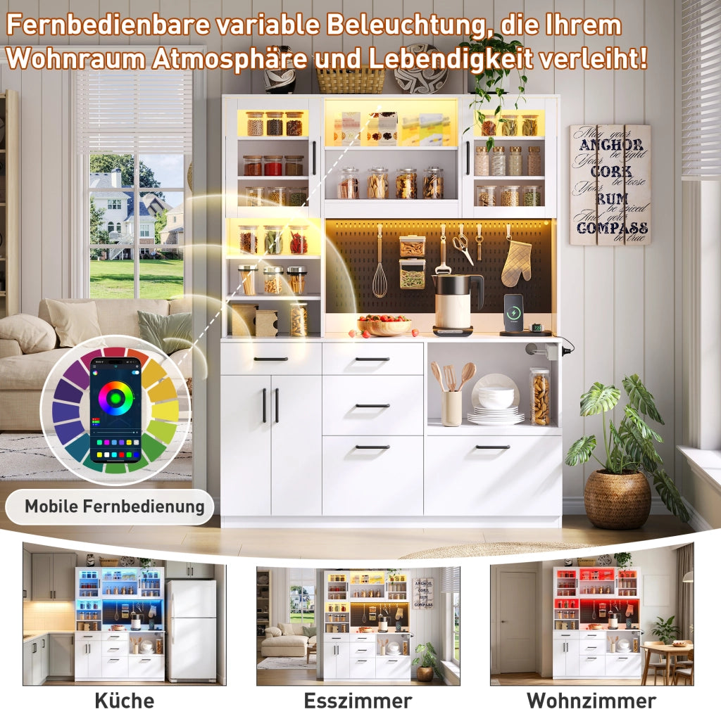 Credenza cucina con LED RGB, prese e 5 cassetti, bianca