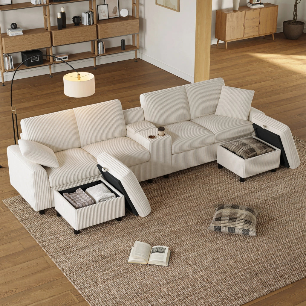 Divano a U in velluto a coste con 2 pouf contenitore; tavolino; USB; Type-C e prese; beige