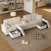 Divano a U in velluto a coste con 2 pouf contenitore; tavolino; USB; Type-C e prese; beige