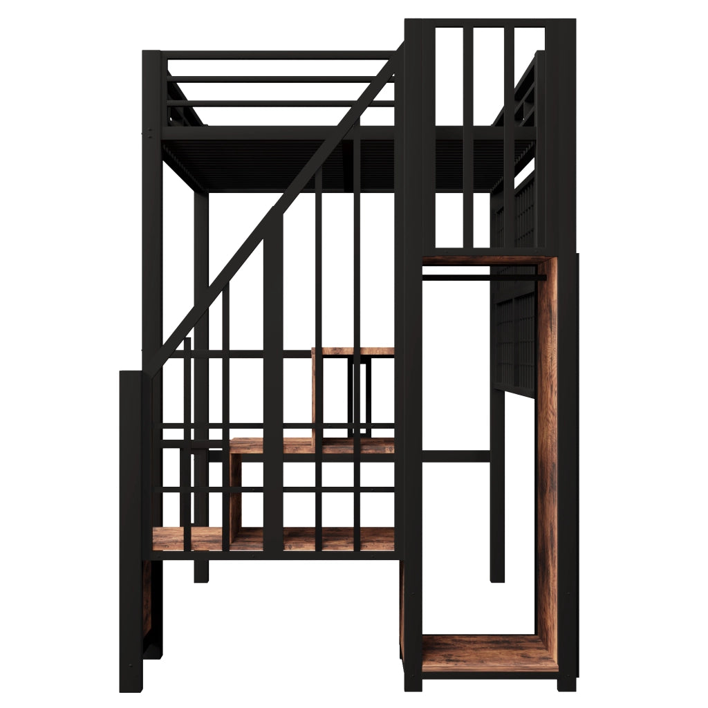 LETTO ALTO 90 x 200 cm con armadio, scala contenitore, LED, nero