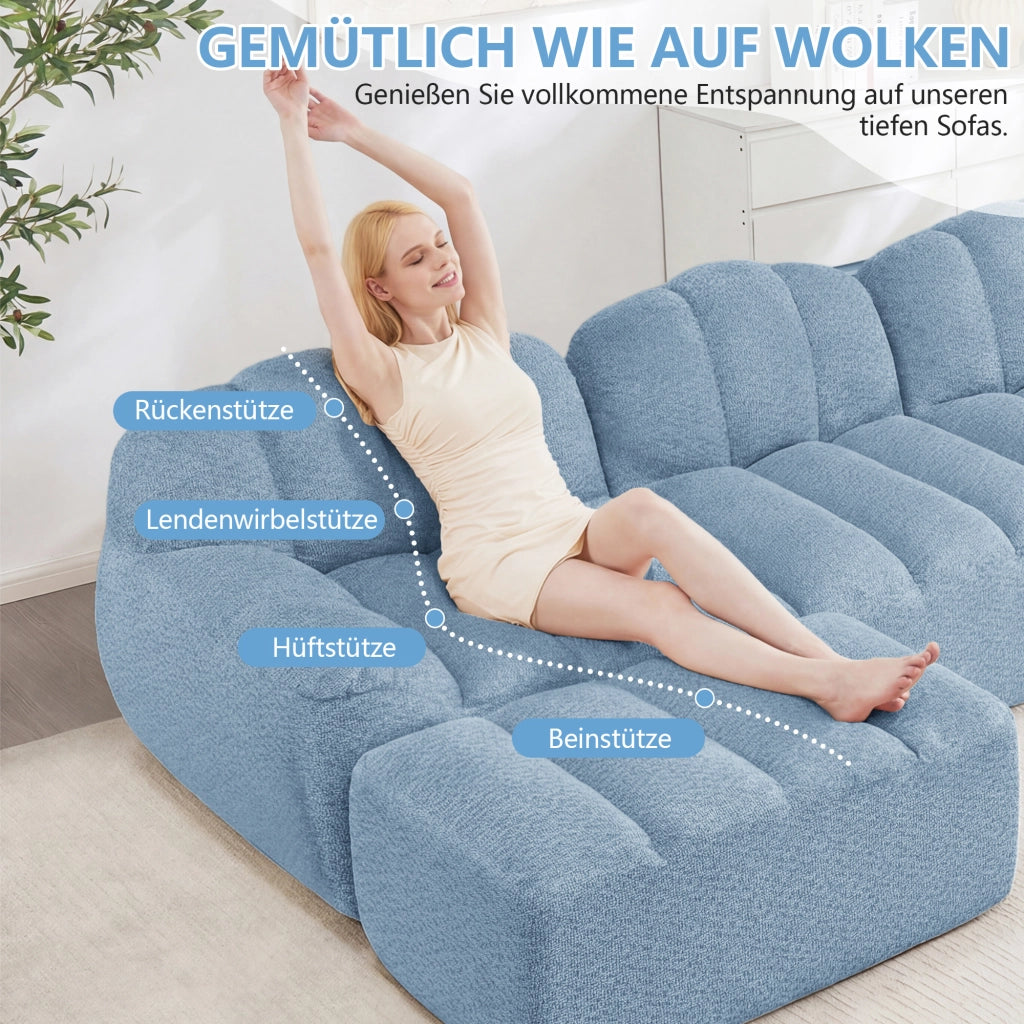 Divano angolare modulare a 4 posti con 2 pouf, seduta profonda e schienale ergonomico in tessuto blu per soggiorno