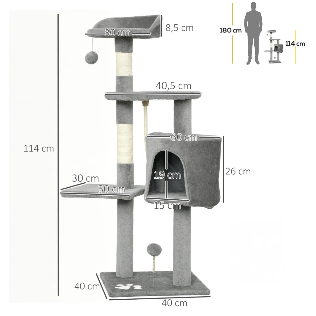 Albero tiragraffi per gatti con piattaforme, tana e corda ¨C zephmum ¨C 40x40x114 cm grigio