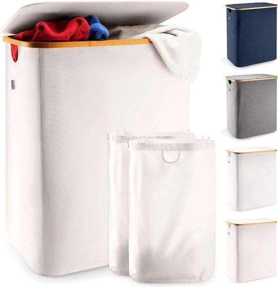 Contenitore con coperchio e 2 compartimenti - ademante e impermeabile - 150L - beige - bambù