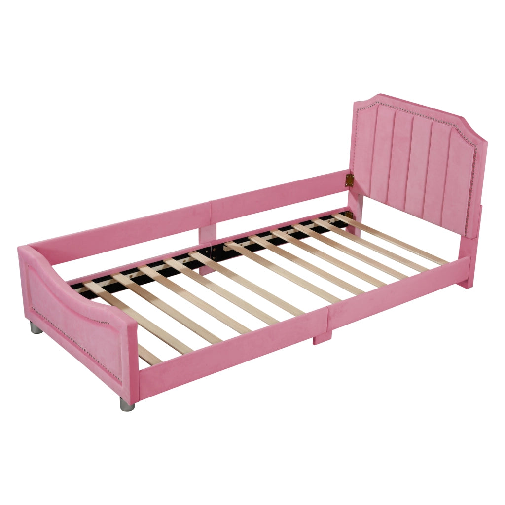 Letto imbottito bambini 90x200 cm in flanella rosa con struttura in legno e rete a doghe