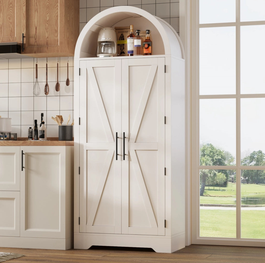 Armadio alto ad arco 75x35x170 cm in MDF bianco; con ripiani regolabili e vano aperto