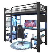 LETTO a soppalco 90x200 cm in metallo nero con LED, scrivania e ripiani