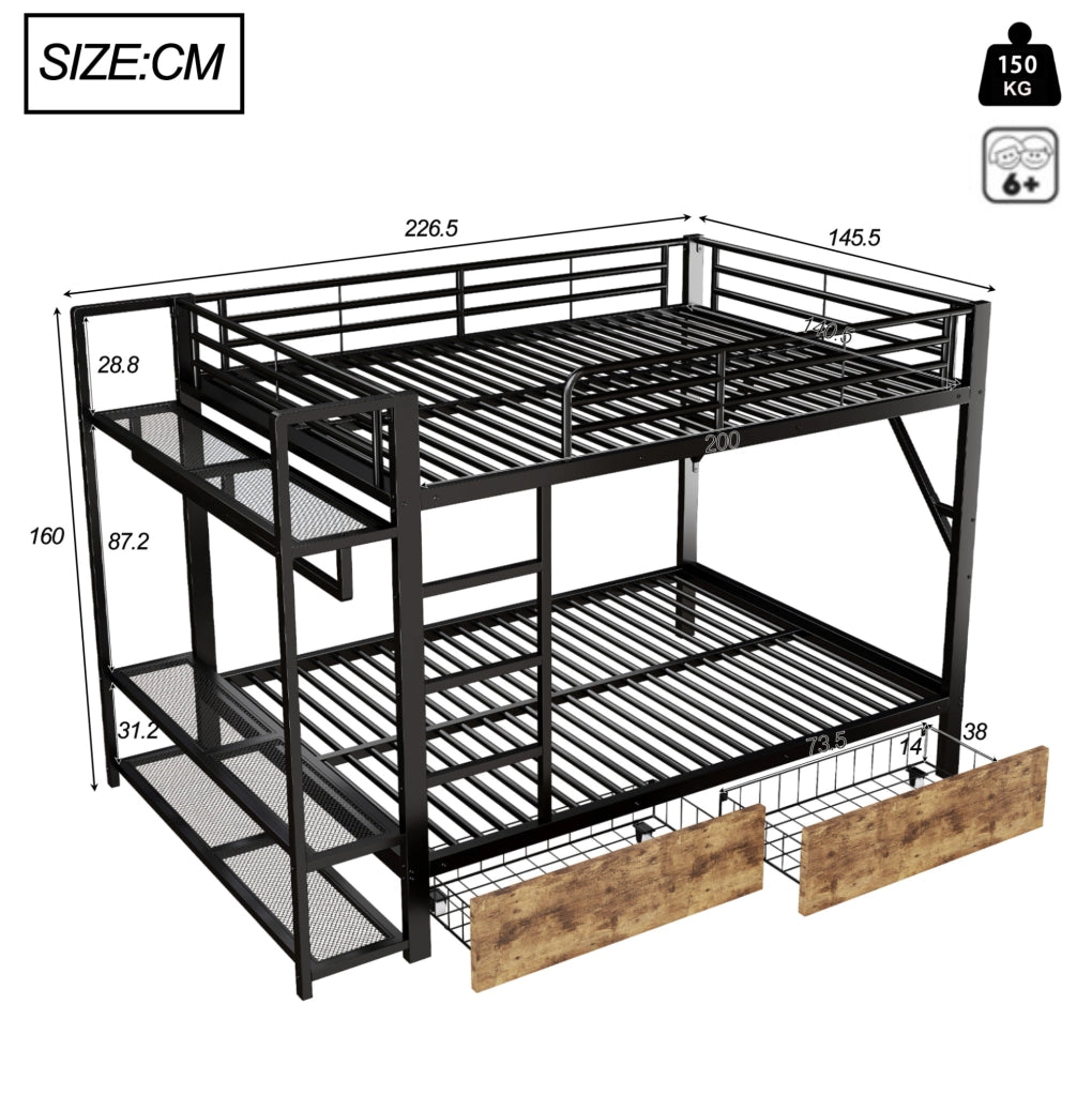Letto a castello 140x200 cm in metallo e MDF con LED; 2 cassetti e ripiani; nero
