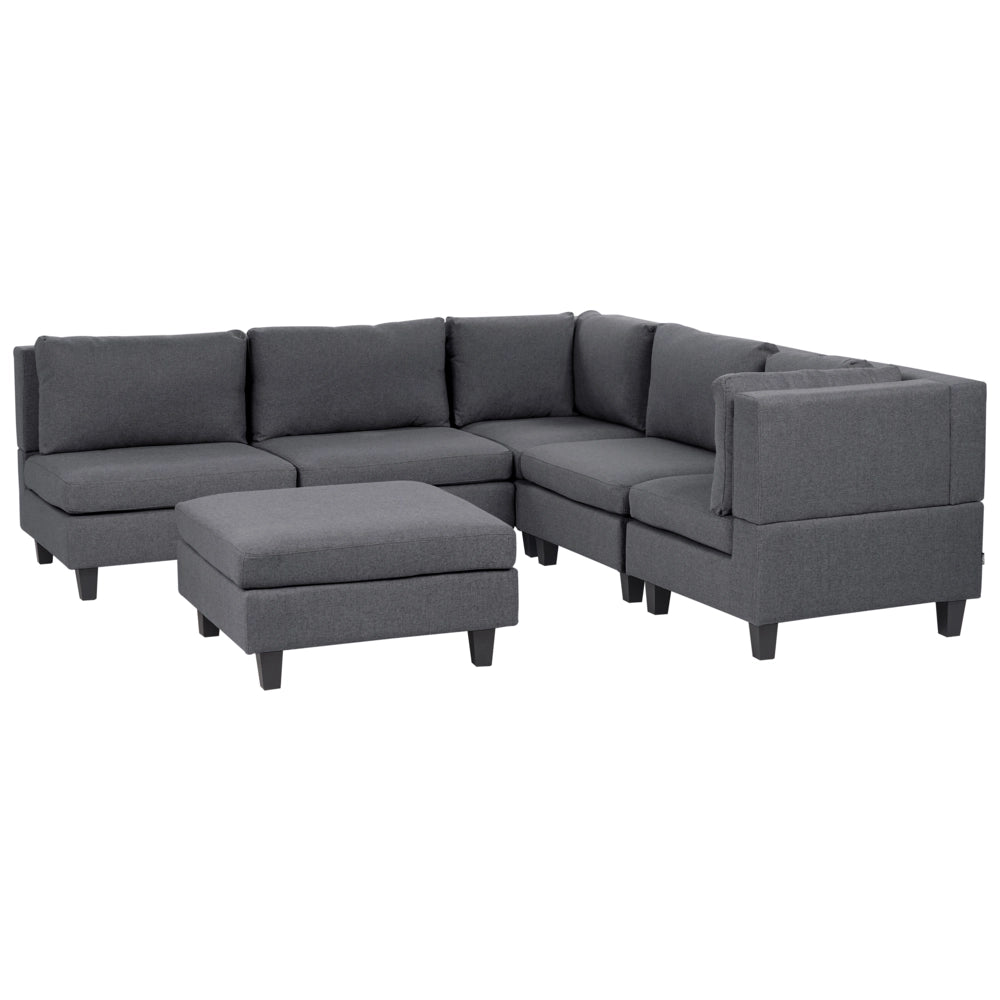Divano componibile a 5 posti imbottito lato sinistro in tessuto grigio scuro con gambe nere e pouf stile moderno