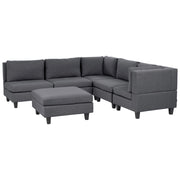 Divano componibile a 5 posti imbottito lato sinistro in tessuto grigio scuro con gambe nere e pouf stile moderno