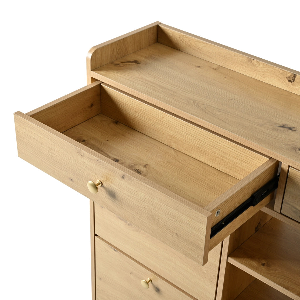 Mobile Scarpiera con 4 Ante a Ribalta; 2 Cassetti e 3 Vani Aperti; Stile Minimalista; in Pannello Truciolare; 110×26×100 cm; Naturale