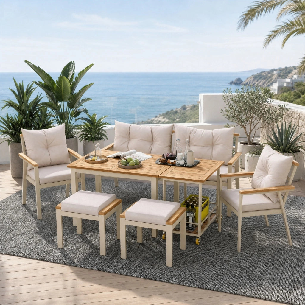 Set da pranzo per esterni da 6-7 posti in legno di acacia e metallo beige con carrello rimovibile per giardino