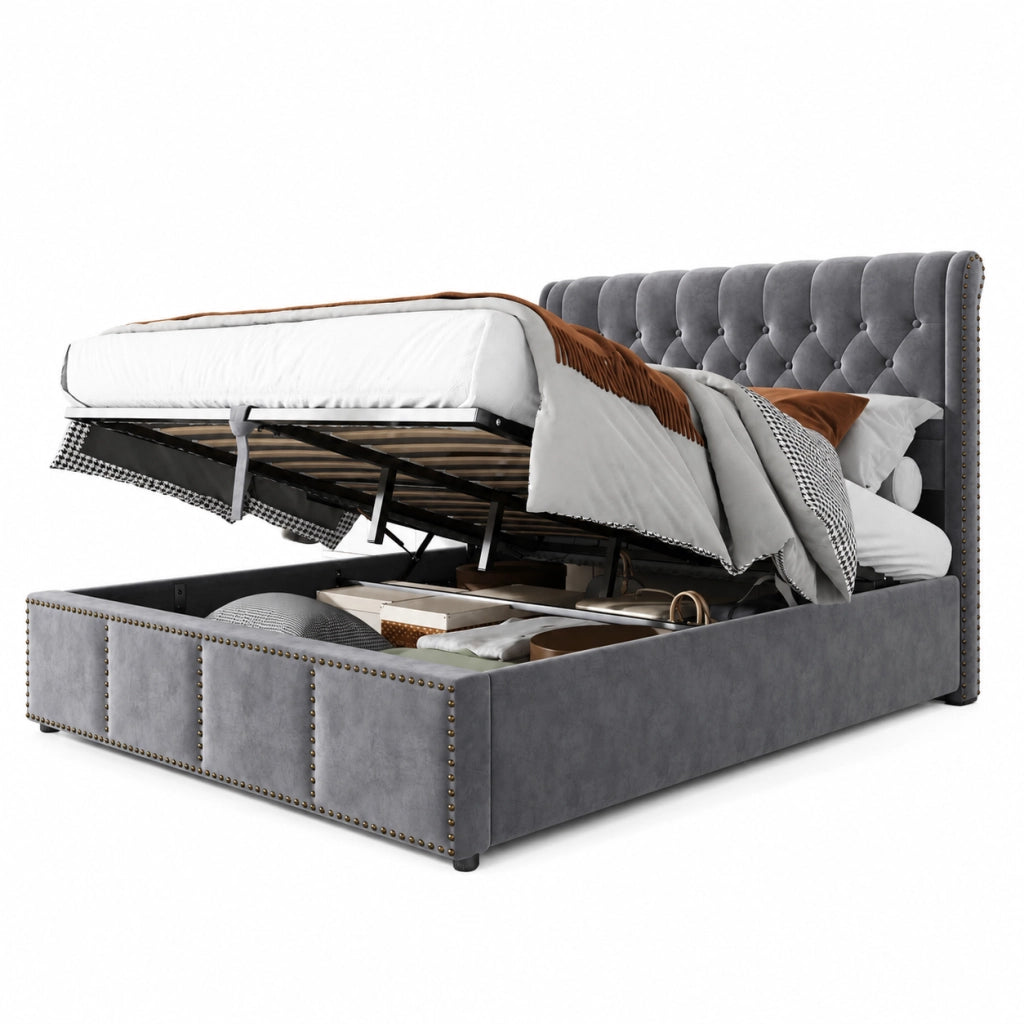Letti contenitori 140x200 cm con contenitore; stile minimalista; velluto grigio (Senza materasso)
