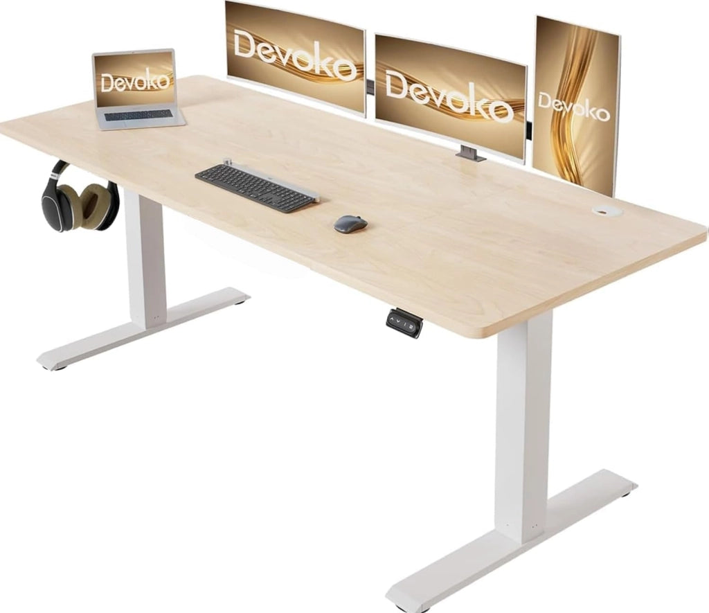 Scrivania regolabile in altezza, 140 x 60 cm, con vaschetta per cavi, altezza elettrica, stabile, scrivania per computer, memoria a 2 funzioni, seduta ergonomica in acero