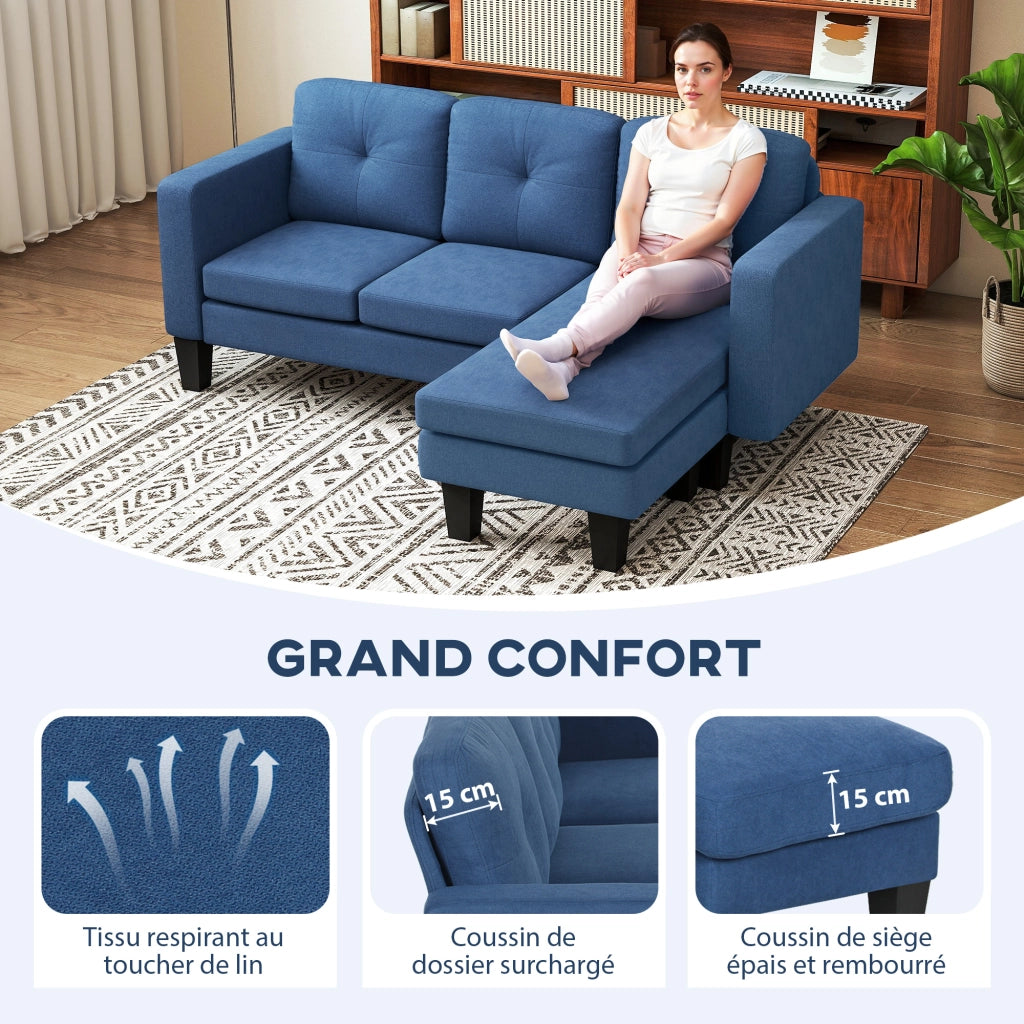 Divano Angolare 3 Posti con Chaise Longue Reversibile ¨C Zephmum ¨C Blu Tessuto Trapuntato