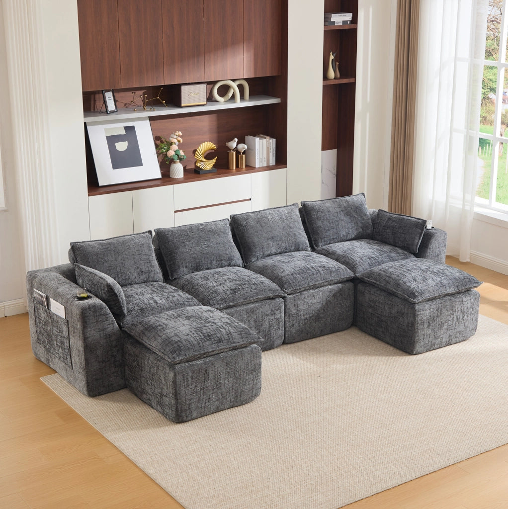 Divano modulare componibile 322x161x75 cm in chenille grigio scuro; con tasche laterali e cuscini