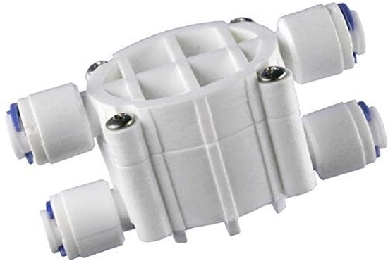 Valvola di scambio automatica 4 vie - Connettore 1/4 pollice - Valvola di chiusura automatica - Osmosi inversa - Sistema di filtrazione dell'acqua - Dimensioni 7,5 x 4,1 x 3,7 cm - Chiave di chiusura