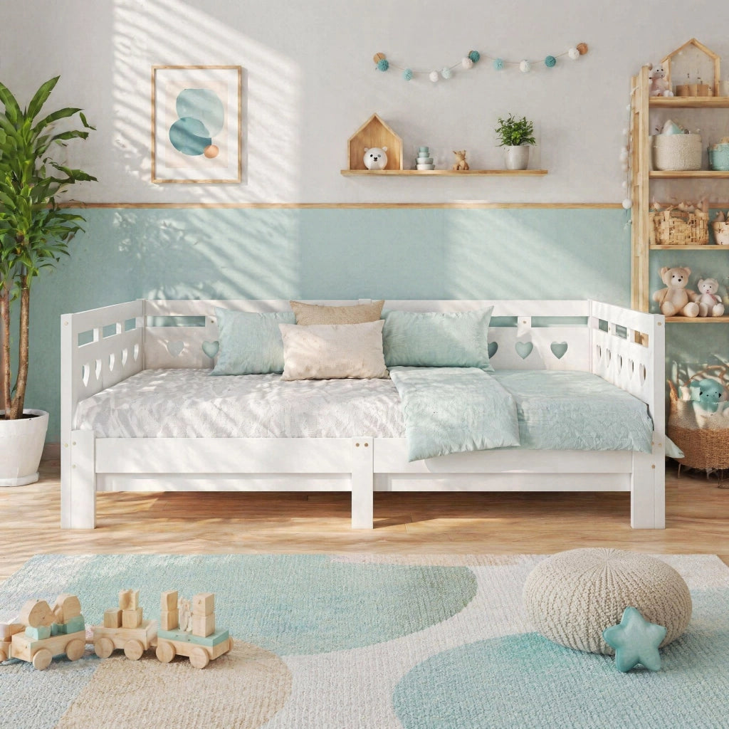 Letto giorno estendibile a cuore 90x200 cm in legno di pino massiccio bianco con 2 posti
