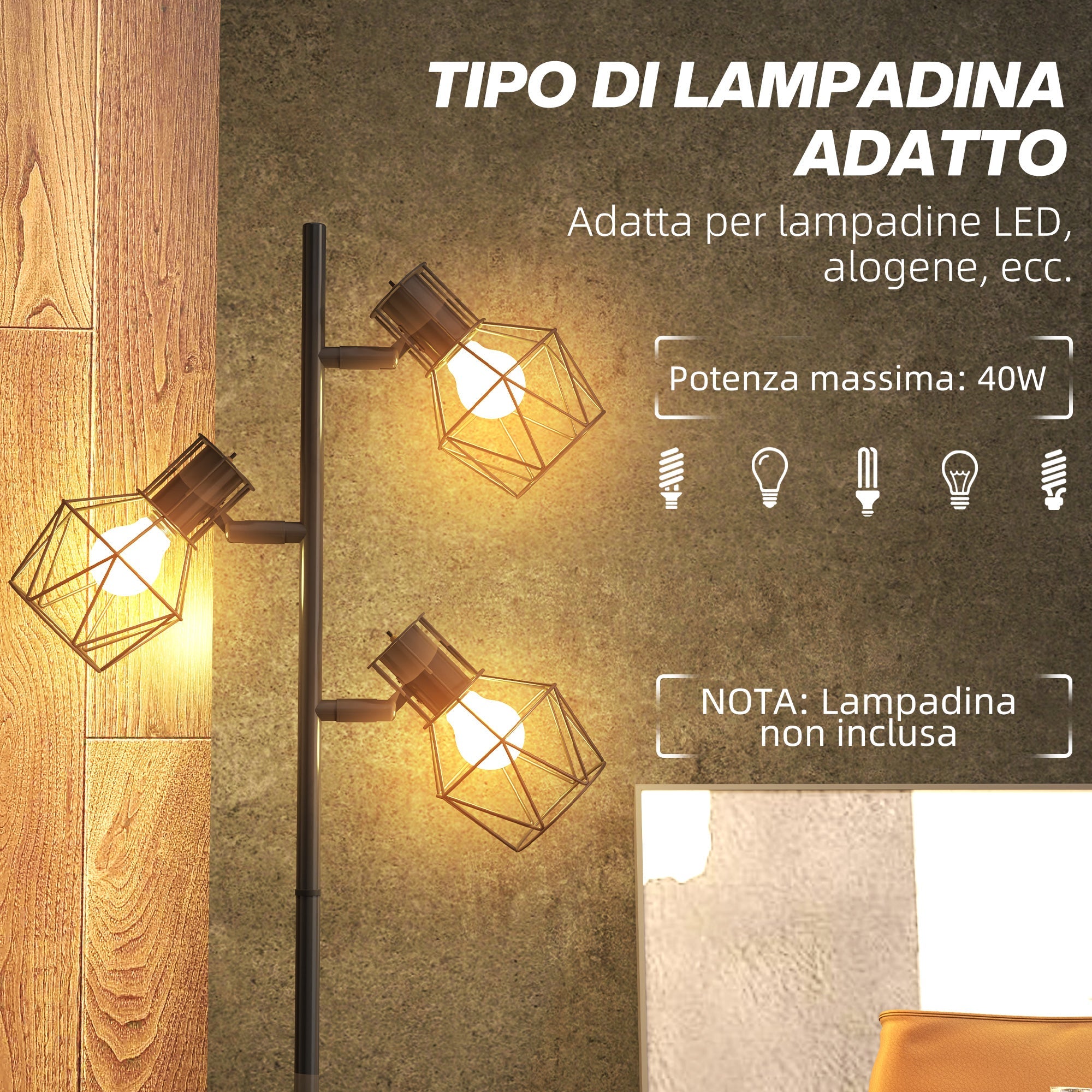 Lampada da Terra 3 Luci Orientabili 40W 41x28x169 cm in Metallo Nero