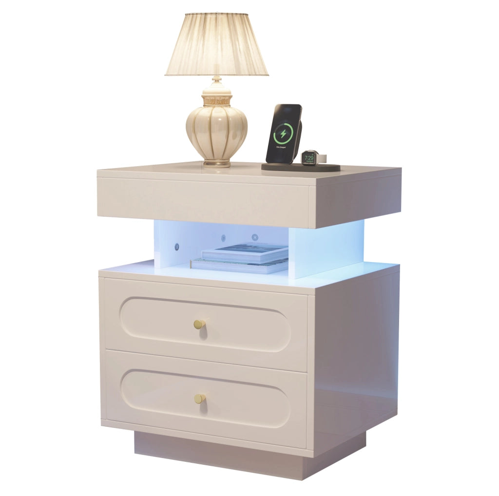 Comodino 50x40x60 cm con illuminazione LED a 3 colori; cassetto spazioso; truciolare bianco